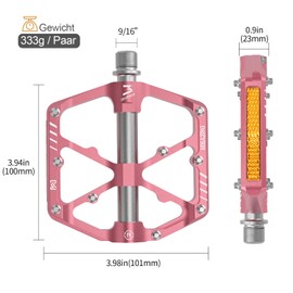 MZYRH Bicycle Pedals with Reflectors, Road Bike/Mountain Bike Pedals, 9/16 Inch Lightweight Aluminium Alloy 3 Sealed Bearings Bicycle Platform Pedals (Pink)