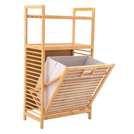 Laundry Hamper with 2-Tier Shelves & Tilt Out Basket Bamboo Freestanding Clothes Basket Tilt-Out Laundry Linen Hamper with Removable Liner for Bathroom Living Room Bedroom (White)