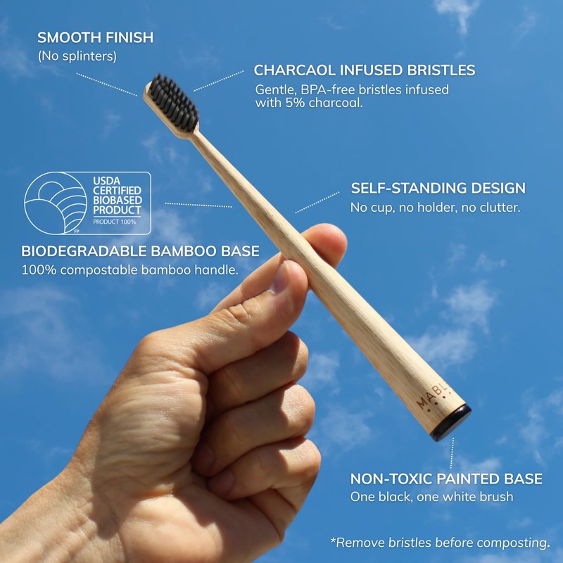MABLE Two Pack Bamboo Toothbrush for Adult | Charcoal Infused