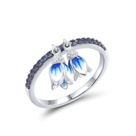 Santuzza Sterling Silver Dangle Blue Enamel Tulip Blue Nano Cubic Zirconia Beaded Ring for Women (7, White Rhodium Plated)