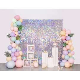 Shimmer Wall Backdrop Silver Iridescent 3FTx4FT Square Sequin Wall Panel Backdrop Decor for Wedding Anniversary Birthday Party, 12 Panels