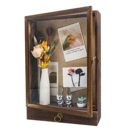 FramePro 11x16 Deep Shadow Box Frame with Drawer and Soft Line Back, Wooden Display Case Memory Box Real Glass for Keepsakes Collections, Medals, Bouquet Wall or Tabletop