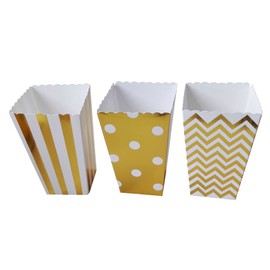 Popcorn Boxes, Gold Stamping Trio (36 Pack) Polka Dot, Chevron, Stripe treat boxes- Small Movie Theater Popcorn Paper bags for Dessert Tables & Wedding Favors
