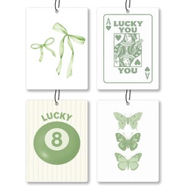 Trendy Sage Green Bow Car Air Freshener 4 Pcs - Coquette Bow Lucky 8 Ball Queen Card Butterfly Hanging Air Freshener 4 Pcs for Cars Closet Drawer Books, Girly Car Accessories Mirror Decor for Women