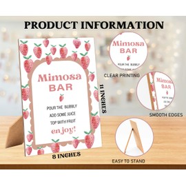 Strawberry Bridal Shower Mimosa Bar Sign, Table Decor Bridal Shower Sign, Pack of 1 Wooden Tabletop Sign with Stand, Bridal Shower Decorations, Wedding Shower Supplies - XG01