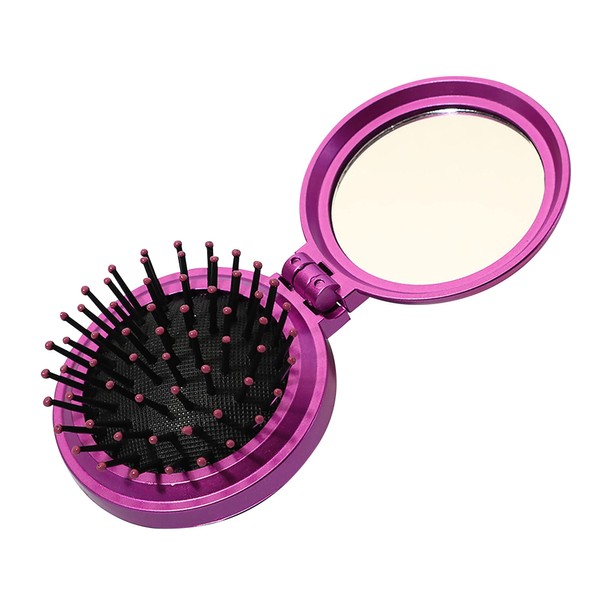 1st Choice Folding Hair Brush with Mirror,Round Mini Compact Massage Comb for Purse/Pocket,Travel Size for Girls and Women (Purple)
