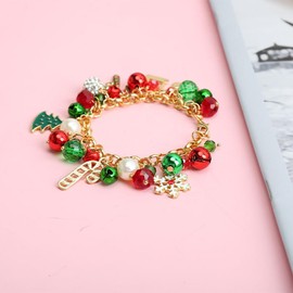Christmas Jingle Bell Crystal Ball Bracelet for Women Girls Crutch Christmas Tree Dangle Charm Link Chain Dangling Xmas Hat Snowflake Pearl Adjustable Bracelets Xmas Party Favors Ornaments Jewelry