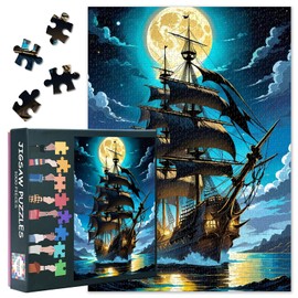 Puzzles for Adults 1000 Pieces Sailboat, Jigsaw Puzzles Pirate Ship Art, 27.5x19.7 Inch Ocean and Moon Hard Impossible Challenging Puzzle Family Game for Men & Women (Home Decor Gift)