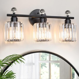 KunruiTAI 3-Light Black Bathroom Light Fixtures Modern K9 Crystal Vanity Lights Wall Sconce with Stainless Steel Base, Elegant Bathroom & Bedroom Lighting, Secure Packaging