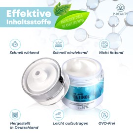 Retinol Cream Anti-Ageing Formula 5% Retinol Moisturising Cream Anti Wrinkle Night Day Cream with Hyaluronic Acid Collagen, Aloe Vera + Vitamins Test Winner 2022 P-Beauty 50 ml Made in Germany