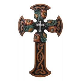 Celtic Knotwork Tooled Faux Leather Colorful Flowers Wall Cross Christian Decor