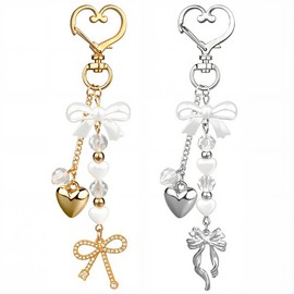 2pcs Bow Heart Beaded Keychain Accessories Cute Keychains for Women Kawaii Bowknot Pearl Bag Charms for Handbags Silver Gold Bows Hearts Key Chain for Car Keys Aesthetic Heart Key Ring Backpack Charms