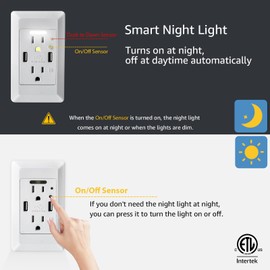 GreenCycle USB Outlet with Night Light,Dusk Dawn Sensor,4.2A High Speed Duplex Receptacle Electrical AC Wall Outlets,with Wall Plates，White,9 Pack
