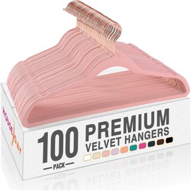 HOUSE DAY Pink Velvet Hangers 100 Pack, Premium Non-Slip Felt Clothes Hangers, Sturdy Heavy Duty Coat, Durable Hanger for Suits, Space Saving with No Hanger Mark, 360° Swivel Rotating Rose Gold Hook