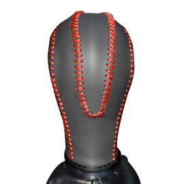 JI Loncky Black Genuine Leather Gear Shift Knob Cover for Infiniti FX35 FX37 FX50 /EX35 EX37 EX25 IPLG /G25 G35 G37 /QX56 QX80 QX70 QX50 /Q60 Q40 Automatic Accessories (Red Thread)