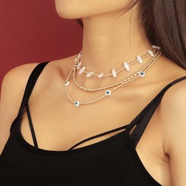 Zeshimb Layered Beaded Necklace Evil Eye Bead Ball Chain Necklace Layering Baroque Pearl Beads Choker Faux Pearl Demon Eye Y2K Necklace Turkish Lucky Jewelry for Women Girls