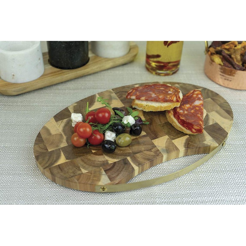 Artesa End Grain Oval-Shaped Wooden Cheese Board/Serving Platter with Brass-Effect