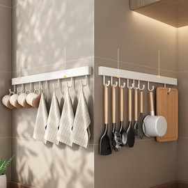 Kitchen Utensil Hanger, Aluminum Cooking Utensil Hanging Rack, Punch-Free Hanging Pot Rack, Utensil Holder, Wall Mounted, Spoon, Shovel, Cutting Board (6 Hooks 30cm)