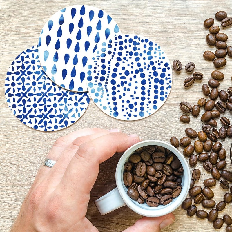 BENECREAT 9 Pieces Coasters for Drinks, Blue Watercolour Coasters in