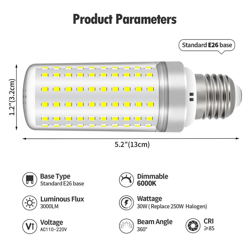 E26 LED Bulbs, 30W LED Light Bulbs Equivalent 250W, 6000K