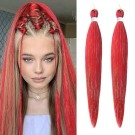 Red with Tinsel Pre stretched Braiding Hair, 26 Inches Kanekalon Box Braiding Hair Extensions, 2 Packs Yaki Texture Synthetic Crochet Braids Hair