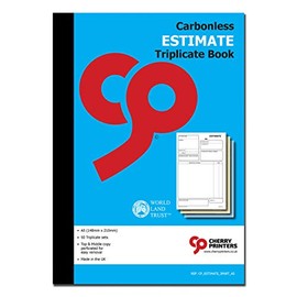 Cherry Carbonless Estimate Triplicate Book A5 | 3 Part | 50 Sets | Business Quote & Pricing Log | Work Order & Cost Calculation Pad | Perforated Top & Middle Copy | No Carbon Required