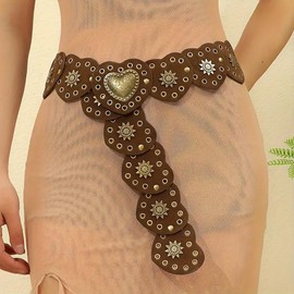 Liutufy Wide Disc Belt for Women Vintage Hollow Boho Leather Belt Western Chunky Waist Belt Cowboy Metal Buckle Concho Belts (Heart Brown A-M)