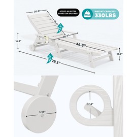 SERWALL Patio Chaise Lounge Chair, 78'' Long HDPE Outdoor Lounge Chair 5 Positions Adjustable Outdoor Lounger for Pool, Poly Lounge Chair with Rolling Wheels & Cup Holder for Pool, Light White