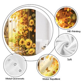 Fantasy Rustic Sunflower Shower Curtain Farmhouse Butterfly Floral Barn Door Wooden Plank Country Spring Flower Polyester Fabric Bathroom Curtain Sets Hook 70 x 70 Inch