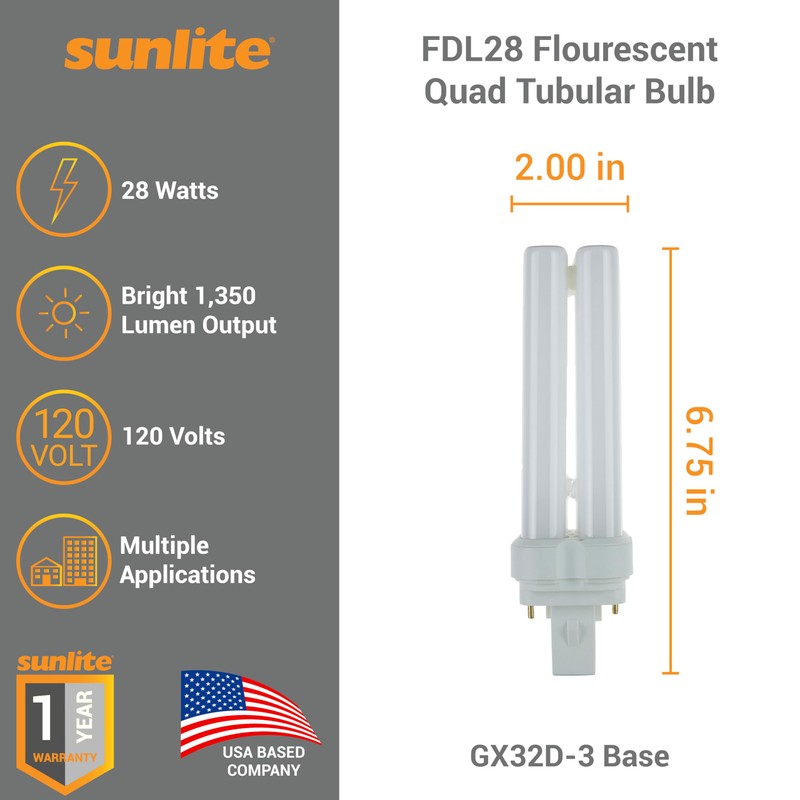 Sunlite FDL28 Fluorescent Quad Tube Plug-in Bulb, 28 Watt, 10,000
