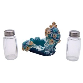 Blue Sea Turtle Salt and Pepper Set Holder, Nautical Décor, Shakers Included, 4 Inches