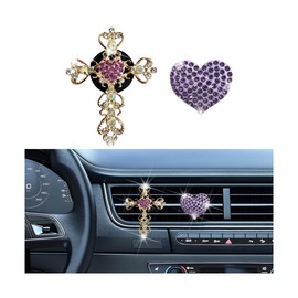 Bittwee Bling Car Air Vent Clip, 2PCS Rhinestone Cross and Heart Vehicle Air Conditioner Outlet Vent Charm, Cute Diamond Decoration Clamp, Universal Automotive Interior Accessories (Purple)