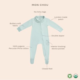 MON CHOU Footed Pajamas 100% Organic Pima Cotton Sleeper, Pocket for Security Tracker, Baby Infant Unisex-Sizes 3-6 Months