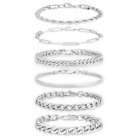 AWARDSEN 6 Pcs Mens Silver Bracelets Stainless Steel Cuban Link Chain Stackable Jewellery Gift for Dad Husband 7.5"