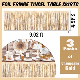 3 Pack Champagne Gold Foil Fringe Table Skirts, Tinsel Table Skirts Streamers Garland for Rectangle Table, Banquet, Parade Float, Graduation, Birthday, Wedding, Event Party Decoration (29x108 In)