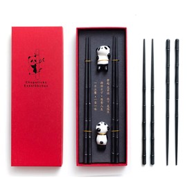 Achkey 2 Pairs Chopsticks with 2 Chinese Panda Ceramic Chopsticks Holder, Reusable Fibreglass Dishwasher Safe Chopsticks, 24 cm Non-Slip Chopsticks in Matching Gift Box