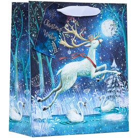 Design By Violet Christmas Wishes Whimsical White Stag Design Gift Bag with Gift Tag - White/Blue - Medium - Gift Bag for Christmas, Gift Wrap, Christmas Wrapping Paper, Xmas, Festive Gift Bag
