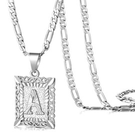 KissYan Initial Letter Pendant Necklace for Men Womens, 14K Gold Plated Square Capital Monogram Necklace Alhpabets from A-Z Figaro Chain Necklace - Color: White Gold, Letter: L