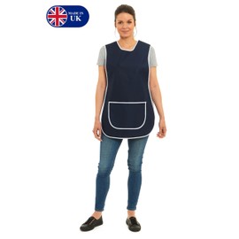 Ladies Plain Colour Piping Design Tabard Apron Overalls Front Pocket Stylish Tabards for Women Casual Aprons for Women Home Kitchen Restaurants Coffee Shops UK Made (XL, Navy)