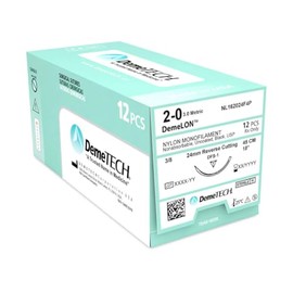 Sutura Nylon No Absorbible 2-0 con Aguja Reverso Cortante DemeTECH DemeLON 24 mm 3/8 Círculo, Hebra Monofilamento Negra de 45 cm, Estéril, Caja con 12