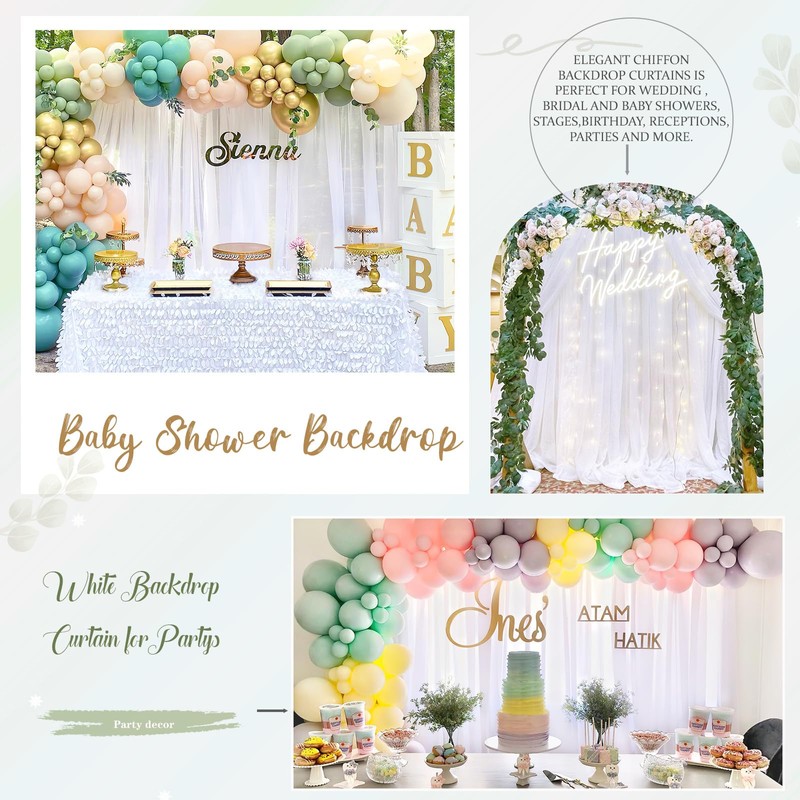 White Chiffon Backdrop Curtain 10ftx10ft Sheer Backdrop Wrinkle-Free Fabric Drape