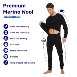 MERINNOVATION Merino Wool Base Layer Set for Men 100% Merino Wool Thermal Underwear Long Sleeve and Bottom