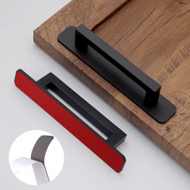 Westablize 2 Pack 5 Inch 128 mm Self-Adhesive Matte Black Square Cabinet Handles with Base Plate Aluminum Cabinet Pulls for Sliding Door Charcuterie Board Black Drawer Handles Drill&Punch Free…