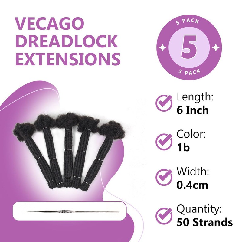 Vecago 6 inch 50 Strands Loc Extensions Human Hair, 0.4cm
