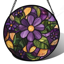 AMDERVEN Stained Glass Window Hanging, Purple Green Flowers Sun Catcher for Door Home Decor Plants Suncatcher Christmas Mother's Day Birthday Gifts for Women Men Mom and Nana 6.3 in