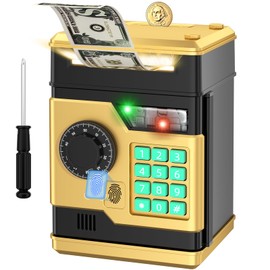 NAFEIV Piggy Bank, Automatic Electronic Piggy Bank for Kids Boys Girls with Password and Fingerprint Unlocking Simulation, Money Bank Kids Safe Toys for 3 4 5 6 7 8 9 10 Year Old Boy Girl (Black Gold)