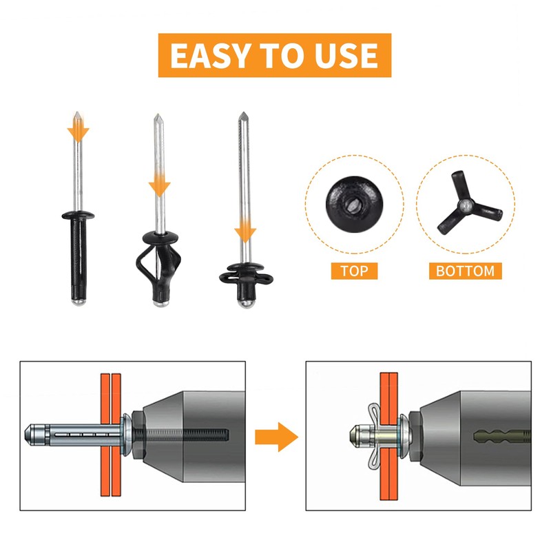 ALLCLEAN 3/16" x 1" Tri-Fold Rivets Assortment - 50Pcs,Black Tri-fold