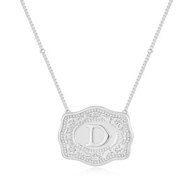 Belt Buckle Necklace With Initial For Women, 18k Gold Plated Mini Embossed Letter Pendant Western Charm Gift Jewelry (Belt Buckle D, Silver)