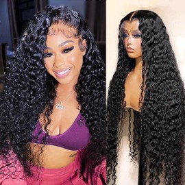 Fphko- Pelucas frontales de encaje con ondas de agua, cabello humano, pelucas frontales de encaje rizado 13X4 para mujeres negras, pelucas frontales de encaje húmedas y onduladas de alta definición, c