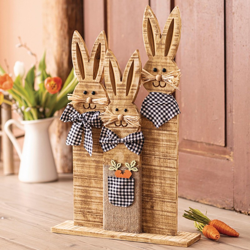 FRANK FLECHTWAREN Easter Decoration, Rabbit Trio, Chequered Look, Wood, Textile,